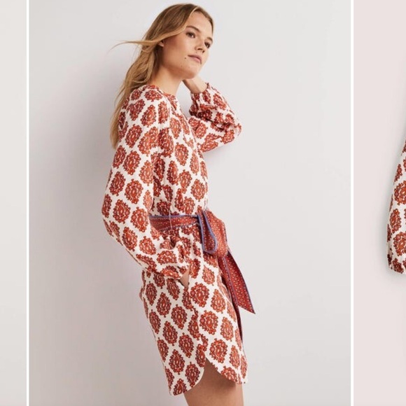 Boden Notch Neck Long Sleeve Linen Mini Shift Dress Floral Block Print 6 Long - Picture 3 of 16